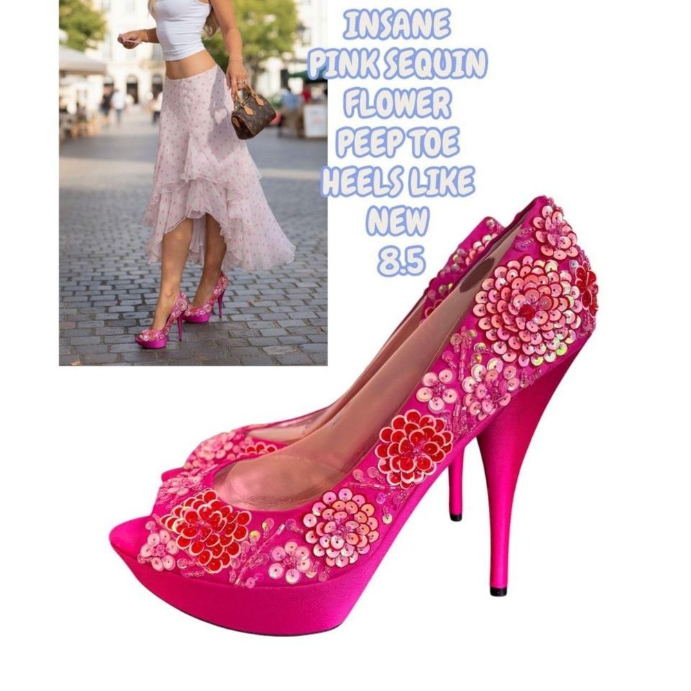Pink Sequin Flower Peep Toe Heels 8.5✨